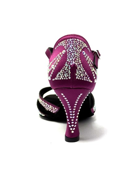 Scarpa da ballo donna latino americano ballo da sala liscio tango raso magenta strass boreali suola bufalo tacco 80 rocchetto