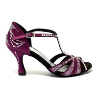 Scarpa da ballo donna latino americano ballo da sala liscio tango raso magenta strass boreali suola bufalo tacco 80 rocchetto