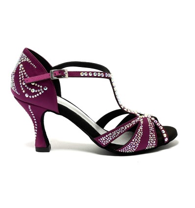 Scarpa da ballo donna latino americano ballo da sala liscio tango raso magenta strass boreali suola bufalo tacco 80 rocchetto