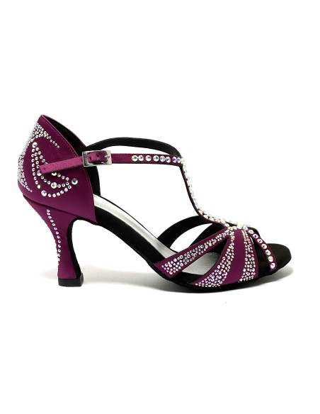 Scarpa da ballo donna latino americano ballo da sala liscio tango raso magenta strass boreali suola bufalo tacco 80 rocchetto