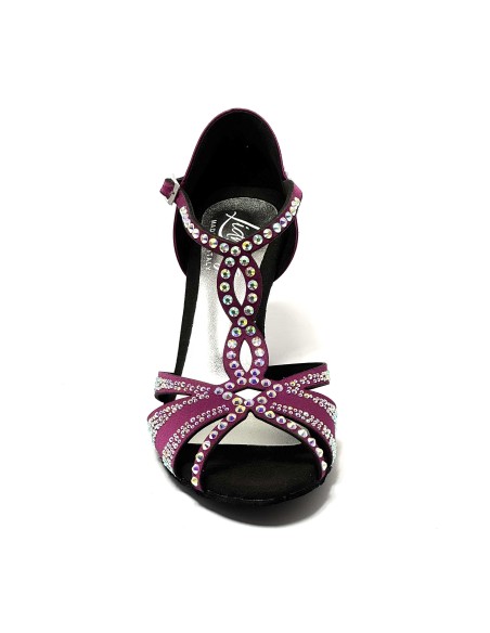 Scarpa da ballo donna latino americano ballo da sala liscio tango raso magenta strass boreali suola bufalo tacco 80 rocchetto