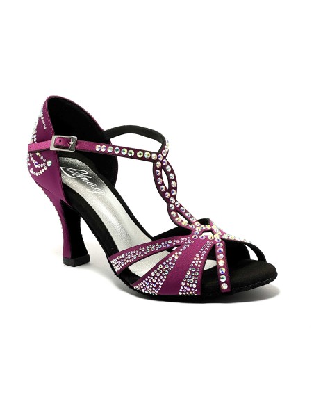 Scarpa da ballo donna latino americano ballo da sala liscio tango raso magenta strass boreali suola bufalo tacco 80 rocchetto