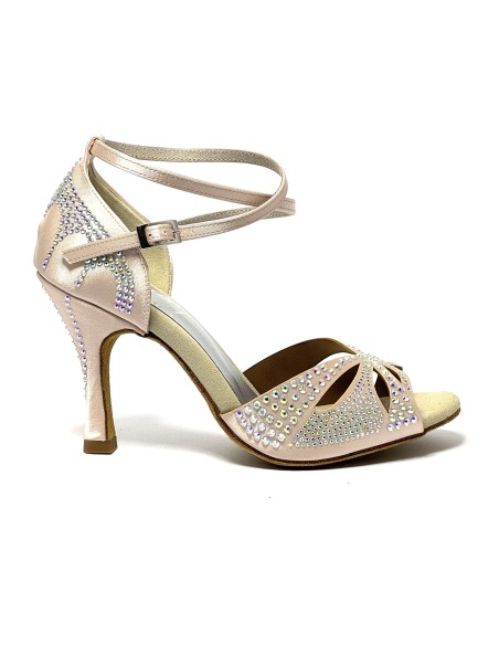 Scarpa da ballo donna latino americano ballo da sala liscio tango raso cipria strass boreali suola bufalo tacco 90