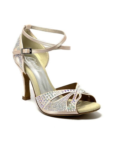 Scarpa da ballo donna latino americano ballo da sala liscio tango raso cipria strass boreali suola bufalo tacco 90