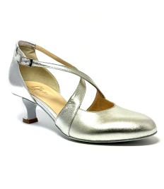 Scarpa da ballo donna ballo da sala liscio standard latino tango pelle argento suola bufalo tacco 50 rocchetto