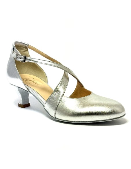 Scarpa da ballo donna ballo da sala liscio standard latino tango pelle argento suola bufalo tacco 50 rocchetto