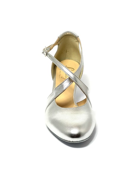 Scarpa da ballo donna ballo da sala liscio standard latino tango pelle argento suola bufalo tacco 50 rocchetto