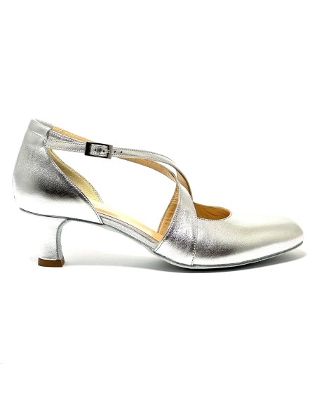 Scarpa da ballo donna ballo da sala liscio standard latino tango pelle argento suola bufalo tacco 50 rocchetto