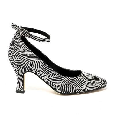 Punta chiusa tessuto zebrato argento nero suola cuoio tacco 70