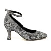 Punta chiusa tessuto zebrato argento nero suola cuoio tacco 70