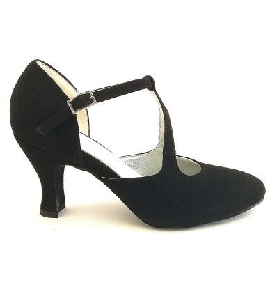 Scarpa da ballo donna liscio da sala camoscio nero suola bufalo tacco 70 rocchetto