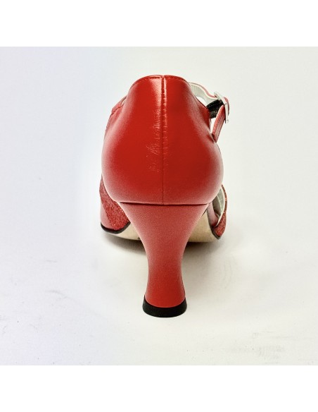 Scarpa da ballo donna latino americano liscio da sala spuntata pelle glitter rosso suola cuoio tacco 70 rocchetto