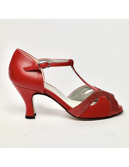 Scarpa da ballo donna latino americano liscio da sala spuntata pelle glitter rosso suola cuoio tacco 70 rocchetto