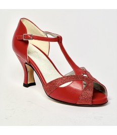 Scarpa da ballo donna latino americano liscio da sala spuntata pelle glitter rosso suola cuoio tacco 70 rocchetto