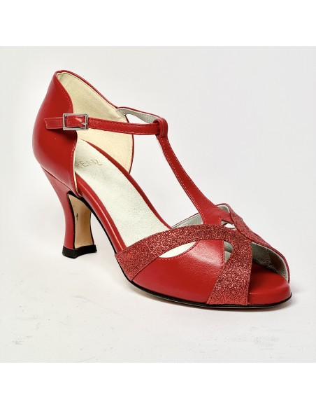 Scarpa da ballo donna latino americano liscio da sala spuntata pelle glitter rosso suola cuoio tacco 70 rocchetto
