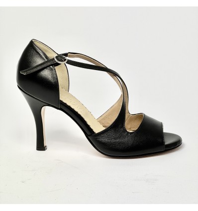 Scarpa da ballo donna tango argentino liscio da sala spuntata pelle nera suola cuoio tacco 90 rocchetto sottile
