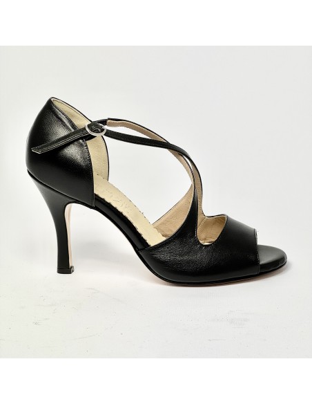 Scarpa da ballo donna tango argentino liscio da sala spuntata pelle nera suola cuoio tacco 90 rocchetto sottile