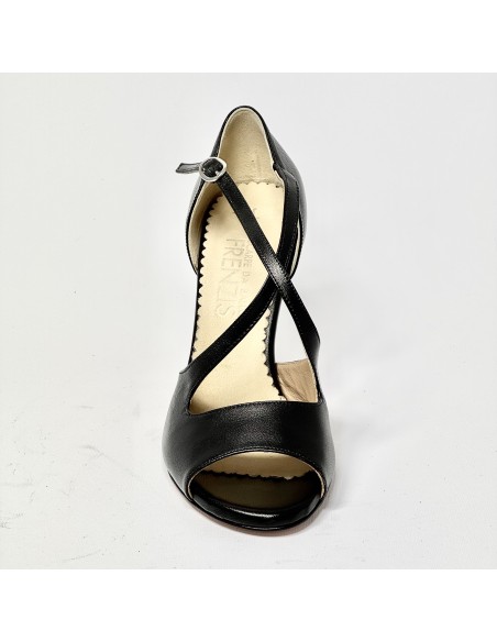 Scarpa da ballo donna tango argentino liscio da sala spuntata pelle nera suola cuoio tacco 90 rocchetto sottile