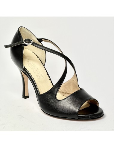 Scarpa da ballo donna tango argentino liscio da sala spuntata pelle nera suola cuoio tacco 90 rocchetto sottile