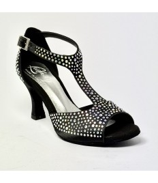 Scarpa da ballo donna latino americano liscio da sala spuntata raso nero tutta strass suola bufalo tacco 70 rocchetto