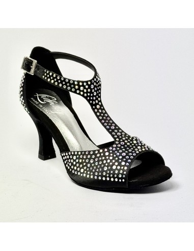 Scarpa da ballo donna latino americano liscio da sala spuntata raso nero tutta strass suola bufalo tacco 70 rocchetto