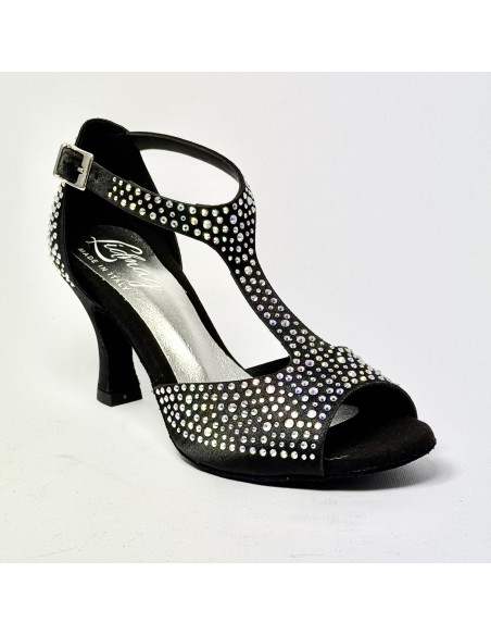 Scarpa da ballo donna latino americano liscio da sala spuntata raso nero tutta strass suola bufalo tacco 70 rocchetto