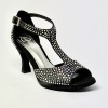 Scarpa da ballo donna latino americano liscio da sala spuntata raso nero tutta strass suola bufalo tacco 70 rocchetto