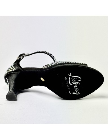 Scarpa da ballo donna latino americano liscio da sala spuntata raso nero tutta strass suola bufalo tacco 70 rocchetto