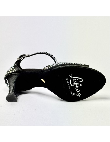 Scarpa da ballo donna latino americano liscio da sala spuntata raso nero tutta strass suola bufalo tacco 70 rocchetto