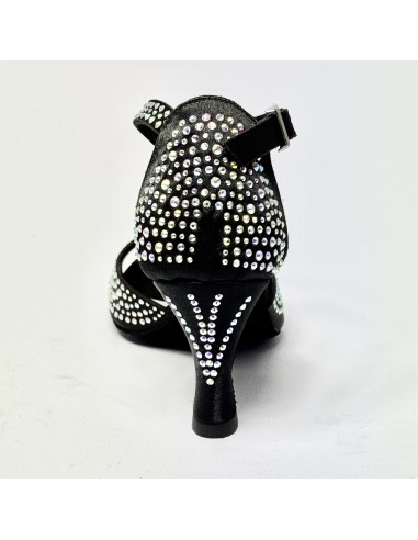 Scarpa da ballo donna latino americano liscio da sala spuntata raso nero tutta strass suola bufalo tacco 70 rocchetto