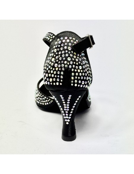 Scarpa da ballo donna latino americano liscio da sala spuntata raso nero tutta strass suola bufalo tacco 70 rocchetto