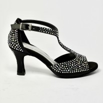 Scarpa da ballo donna latino americano liscio da sala spuntata raso nero tutta strass suola bufalo tacco 70 rocchetto
