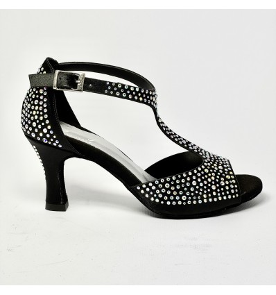 Scarpa da ballo donna latino americano liscio da sala spuntata raso nero tutta strass suola bufalo tacco 70 rocchetto