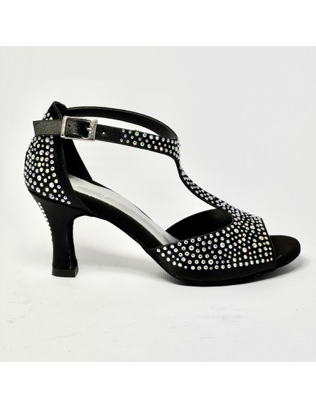 Scarpa da ballo donna latino americano liscio da sala spuntata raso nero tutta strass suola bufalo tacco 70 rocchetto