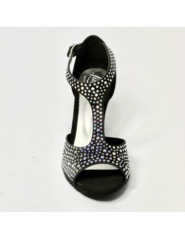 Scarpa da ballo donna latino americano liscio da sala spuntata raso nero tutta strass suola bufalo tacco 70 rocchetto
