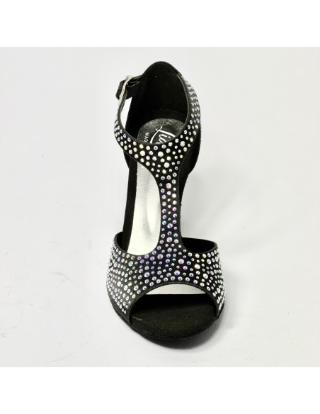 Scarpa da ballo donna latino americano liscio da sala spuntata raso nero tutta strass suola bufalo tacco 70 rocchetto