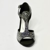 Scarpa da ballo donna latino americano liscio da sala spuntata raso nero tutta strass suola bufalo tacco 70 rocchetto