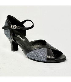 Scarpa da ballo donna latino americano liscio da sala spuntata pelle nera glitter canna di fucile suola bufalo tacco 50