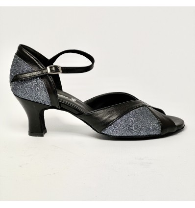 Scarpa da ballo donna latino americano liscio da sala spuntata pelle nera glitter canna di fucile suola bufalo tacco 50