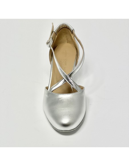Scarpa da ballo donna ballo da sala liscio standard pelle argento suola bufalo tacco 50 rocchetto