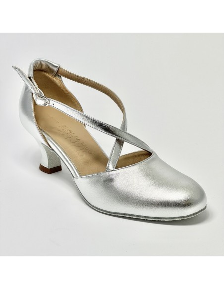 Scarpa da ballo donna ballo da sala liscio standard pelle argento suola bufalo tacco 50 rocchetto