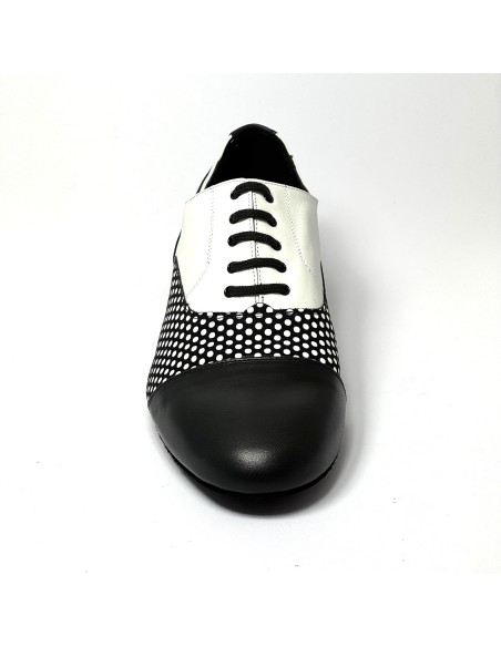 Scarpa da ballo uomo ballo da sala liscio latino americano tango argentino pelle nera pois bianchi suola bufalo tacco 20