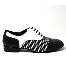 Scarpa da ballo uomo ballo da sala liscio latino americano tango argentino pelle nera pois bianchi suola bufalo tacco 20