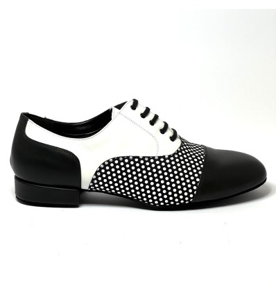 Scarpa da ballo uomo ballo da sala liscio latino americano tango argentino pelle nera pois bianchi suola bufalo tacco 20