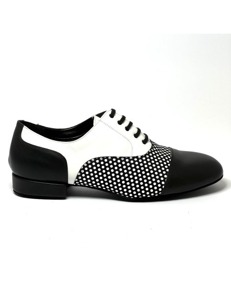 Scarpa da ballo uomo ballo da sala liscio latino americano tango argentino pelle nera pois bianchi suola bufalo tacco 20