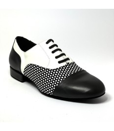 Scarpa da ballo uomo ballo da sala liscio latino americano tango argentino pelle nera pois bianchi suola bufalo tacco 20