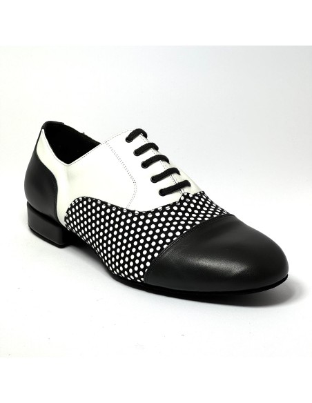 Scarpa da ballo uomo ballo da sala liscio latino americano tango argentino pelle nera pois bianchi suola bufalo tacco 20