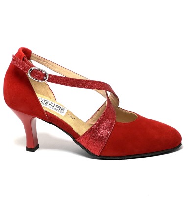 Scarpa da ballo donna ballo da sala liscio latino tango camoscio rosso glitter rosso sottopiede memory suola bufalo  tacco 65