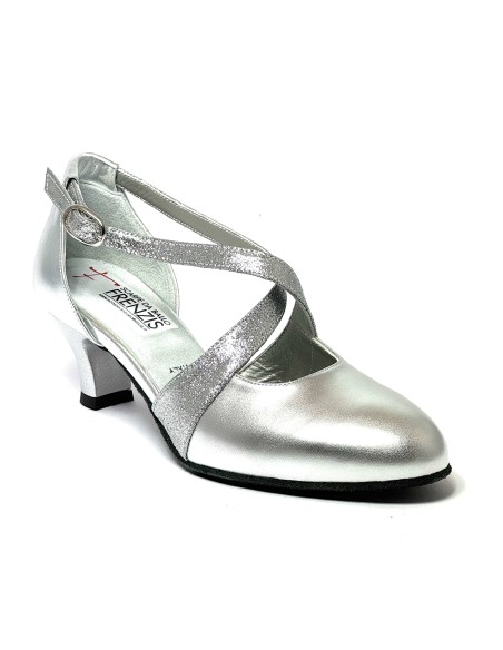 Scarpa da ballo donna ballo da sala liscio latino tango pelle argento glitter argento sottopiede memory suola bufalo tacco 50