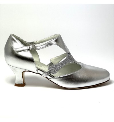 Scarpa da ballo donna ballo da sala liscio latino tango pelle argento glitter argento memory suola cuoio pomiciato tacco 50